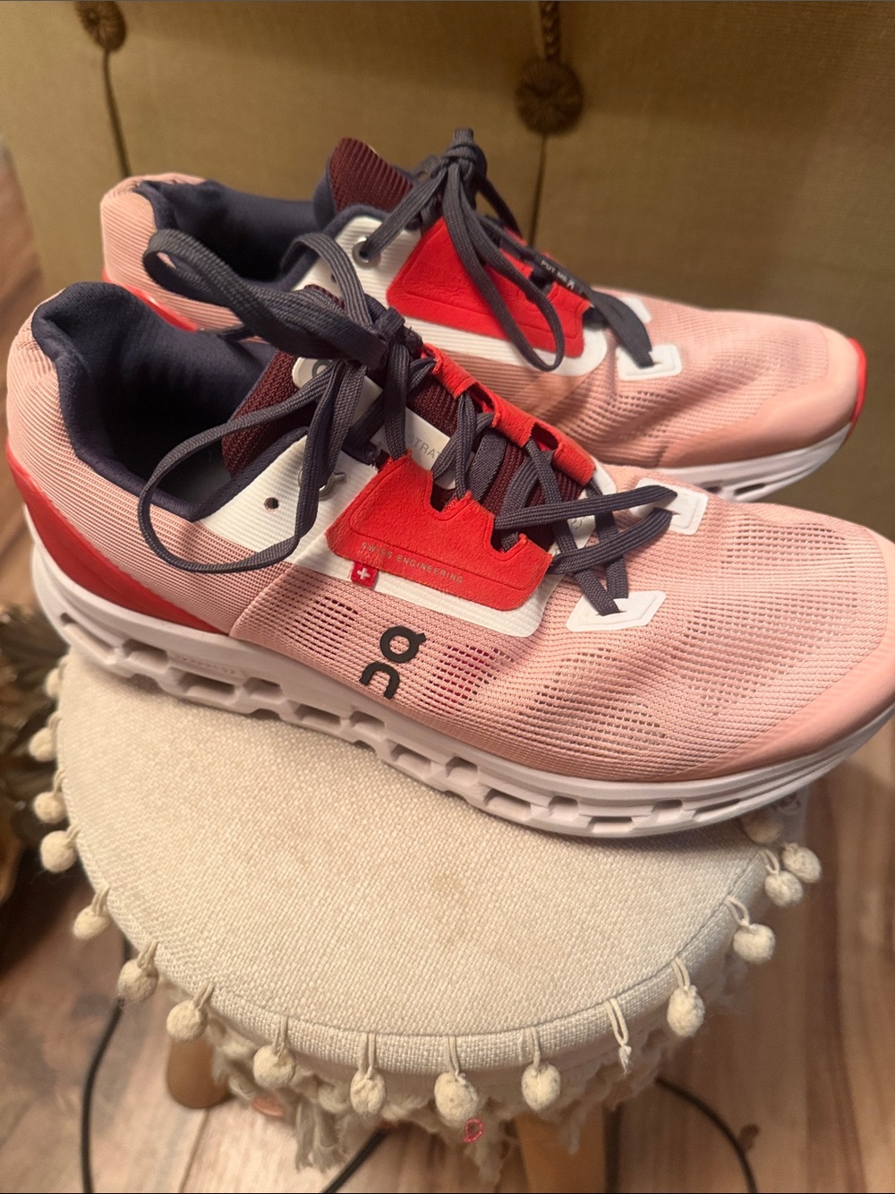 On Running Pink, Red and Navy Cloud Sneakers